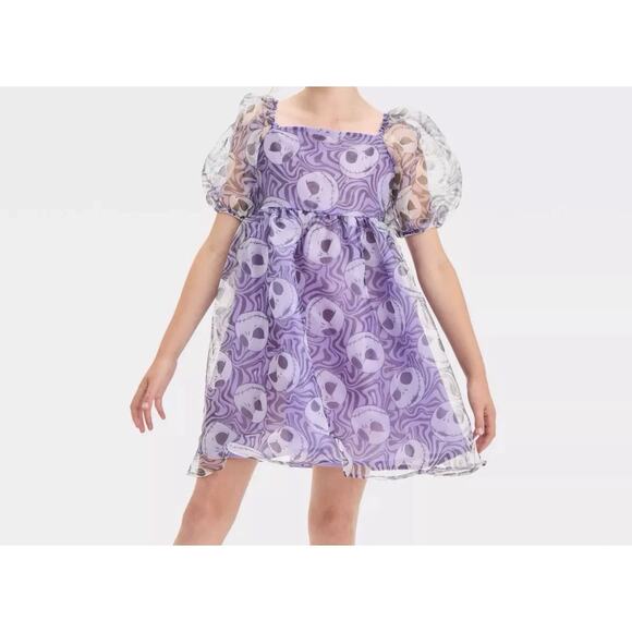 JACK SKELLINGTON NIGHTMARE BEFORE CHRISTMAS PUFF SLEEVE PURPLE DRESS NEW Girl XL - Picture 1 of 9